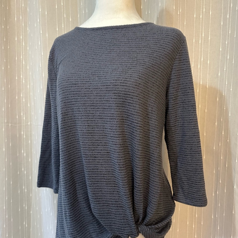 Matty M Navy Textured Knit Top with cinch on left side.